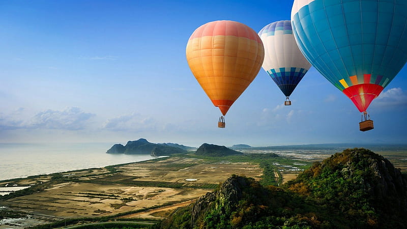 colorful hot air balloons over seacoast, mountain, balloons, colors, fields, coast, sea, HD wallpaper