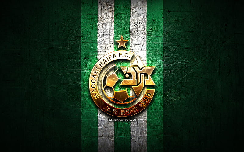 Maccabi Haifa FC, golden logo, Ligat ha Al, green metal background,  football, HD wallpaper | Peakpx