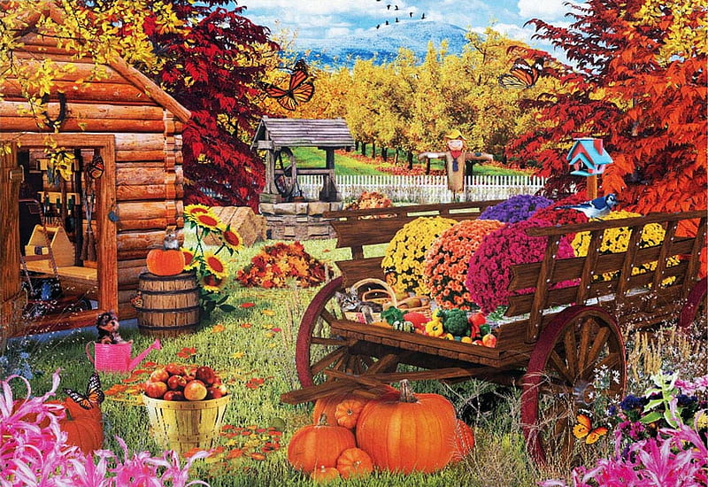 Autumn Garden, artwork, pumpkins, painting, fall, trees, colors, cart, cabin, HD wallpaper
