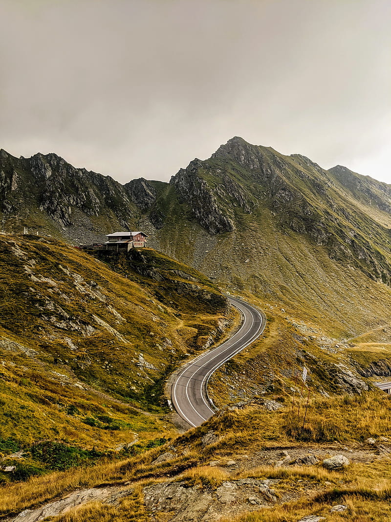 hut, mountains, road, winding, grass, HD phone wallpaper