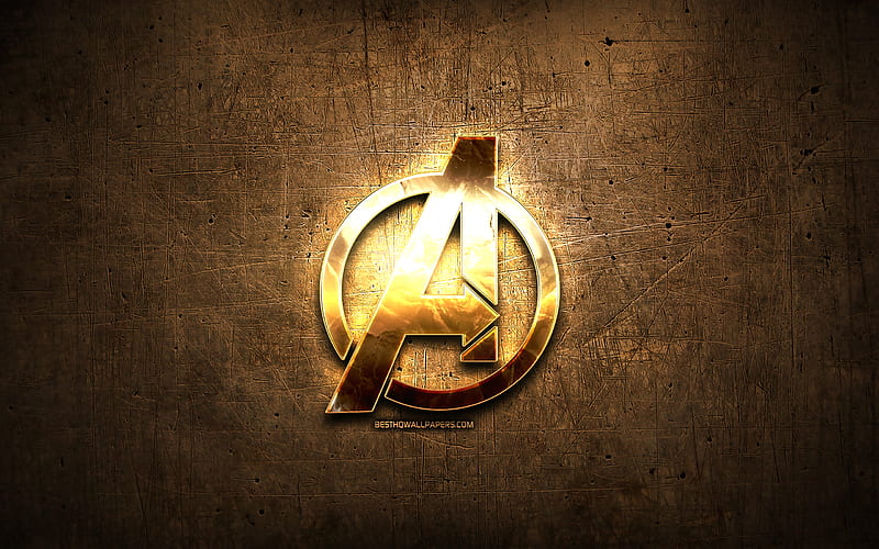 Avengers golden logo, 2019 movie, artwork, brown metal background, creative, Avengers logo, brands, Avengers, HD wallpaper