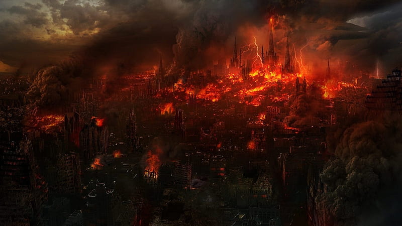 Metropolis Destruction, destruction, flames, cityscape, buildings, graphics, fires, HD wallpaper