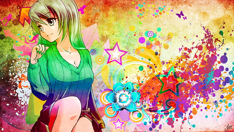 Rainbow, pretty, colorful, bonito, sweet, nice, multicolor, anime, color, hot, beauty, anime girl, star, female, sexy, abstract, cute, girl, HD wallpaper