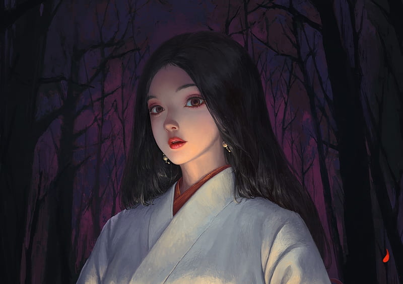 Yuki-Onna, asian, kimono, forest, art, frumusete, luminos, fantasy, shoshoxiang, girl, dark, yuki onna, night, HD wallpaper