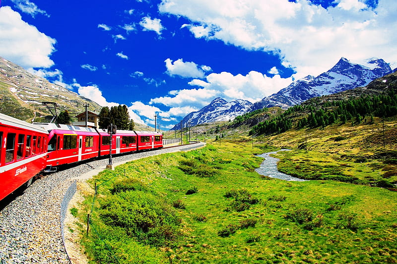 Switzerland Express Train, railroad, cloud, grass, sky, mountain, train, swiss, field, blue, HD wallpaper