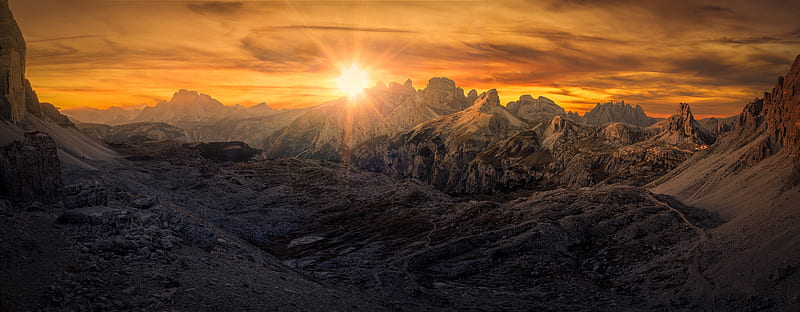 Mountains, Mountain, Dolomites, Panorama, Rock, Sun, Sunset, HD wallpaper