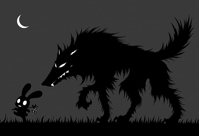 :D, big bad wolf, rabbit, black, fantasy, moon, dark, lup, bunny, white, HD wallpaper