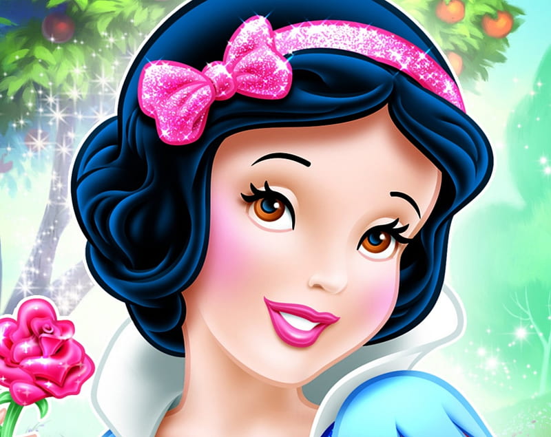 Snow White, rose, bow, fantasy, girl, green, child, face, princess, pink, disney, blue, HD wallpaper