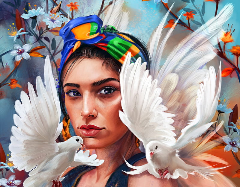 Dove, feather, hanaa medhat, pasari, white, colorful, art, wings, luminos, bird, girl, face, portrait, HD wallpaper