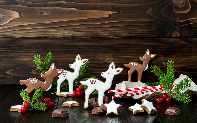 Merry Christmas!, stars, deco, craciun, christmas, food, deer, sweet, dessert, cookies, wood, HD wallpaper