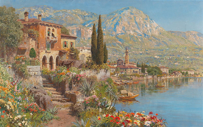 View of Riva on Lake Garda, art, alois arnegger, water, lake garda, orange, painting, pictura, blue, riva, HD wallpaper