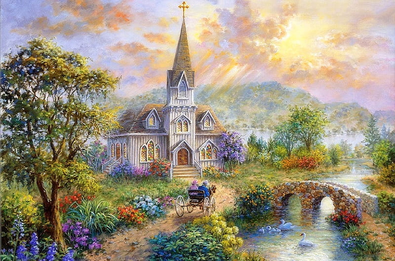 Pray for World Peace, architecture, lakes, bridges, love four seasons, ducks, spring, attractions in dreams, churches, chaple, painting, summer, flowers, garden, HD wallpaper
