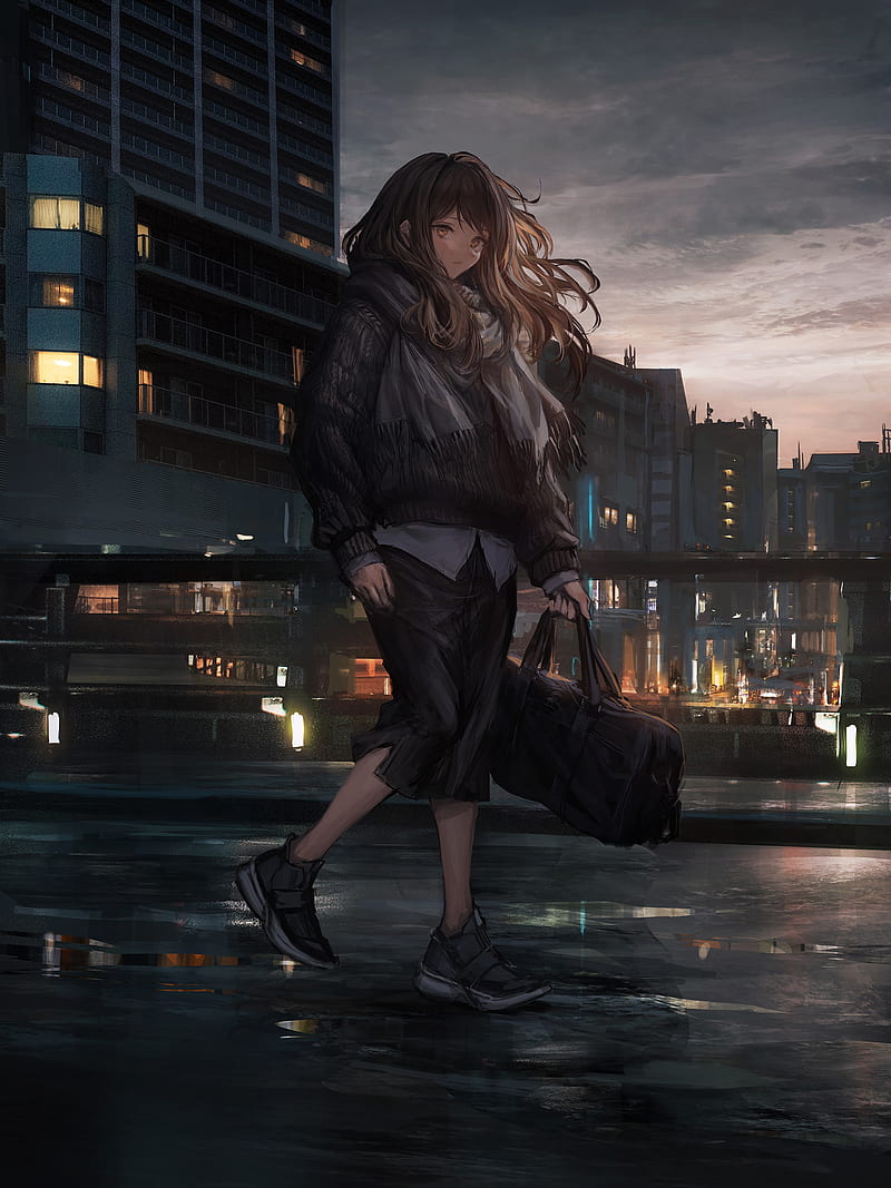 anime girl, urban, cityscape, bag, brown hair, water, Anime, HD phone wallpaper