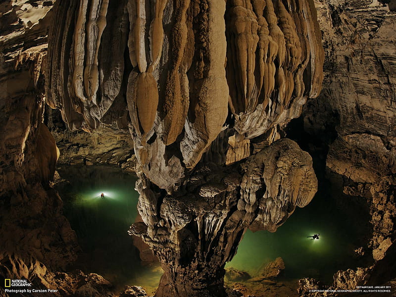 Underground Lake, stalactites, underground, nature, lake, cave, HD wallpaper