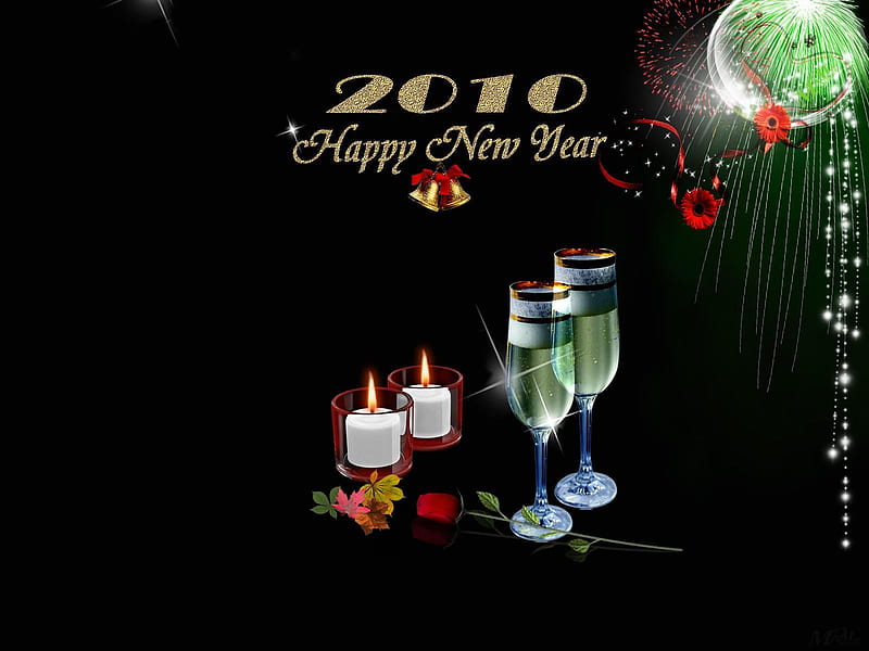 Happy New Year, text, abstract, wine, candles, HD wallpaper