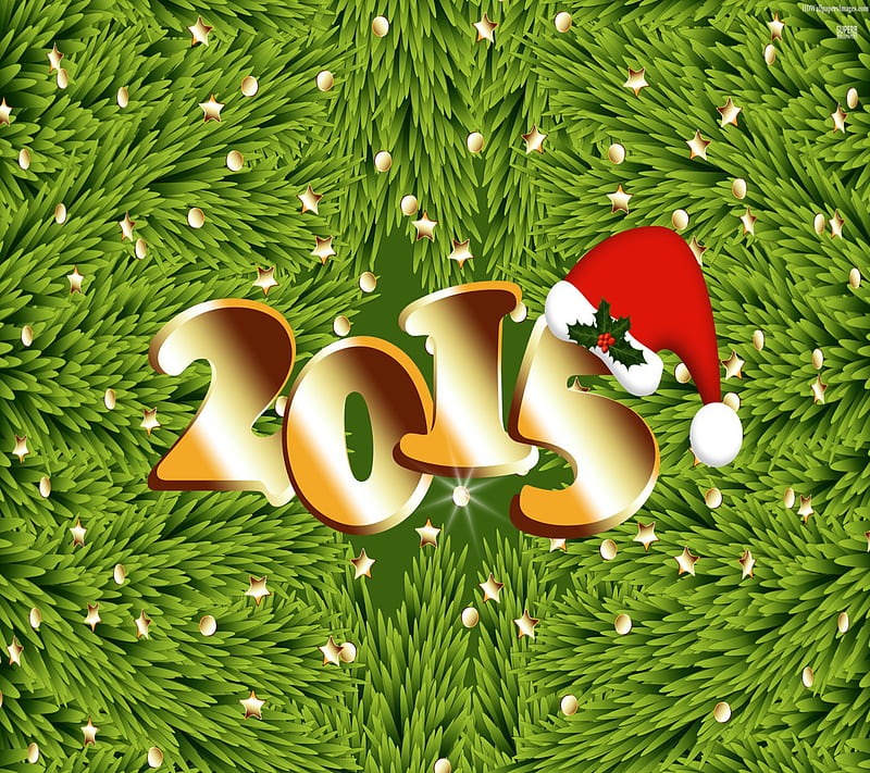 new year, gold, green, happy, hat, holly, santa, HD wallpaper