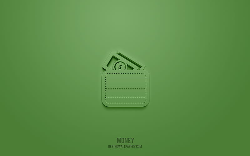 Money 3d icon, green background, 3d symbols, Money, Finance icons, 3d icons, Money sign, Finance 3d icons, wallet with money 3d icon, HD wallpaper