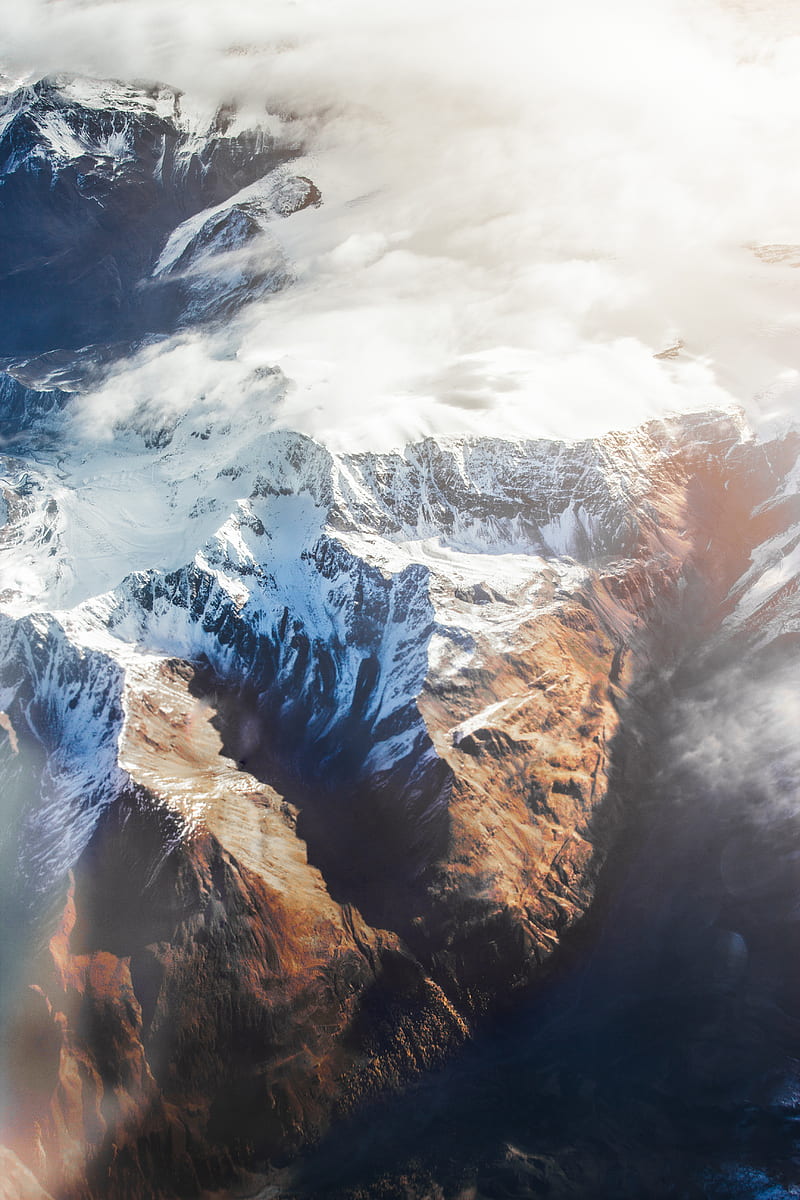 mountains, aerial view, tops, snow, clouds, HD phone wallpaper
