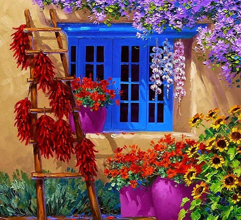 Blooming Veranda, window, sunflowers, painting, flowers, artwork, HD wallpaper