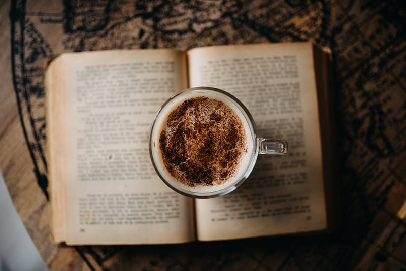 coffee, book, drinks, cappuccino, mug, foam, Food, HD wallpaper