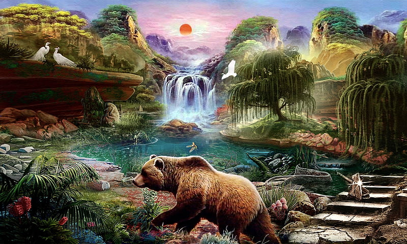 Bear in a Fantasy Habitat, Water, Trees, Bear, beauty, waterfall, animals, outdoors, Nature, fantasy, HD wallpaper