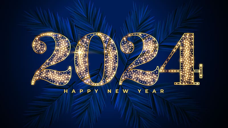 Happy New Year!, golden, blue, craciun, yellow, christmas, 2024, card, new year, HD wallpaper