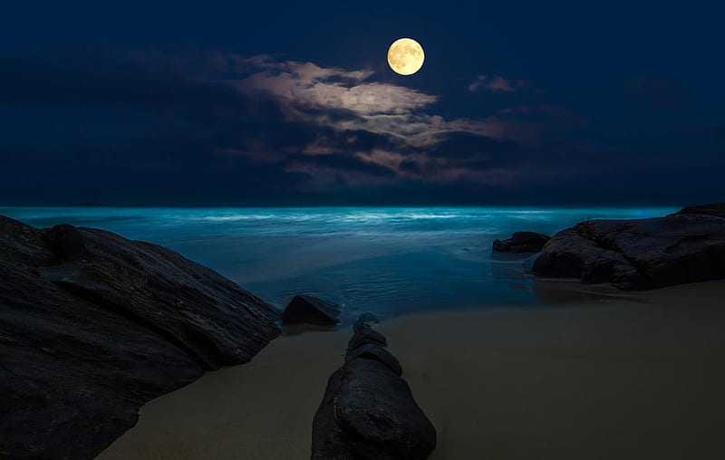 Moonlight, rocks, moon, ocean, black, sea, beach, moon, water, dark, blue, night, HD wallpaper