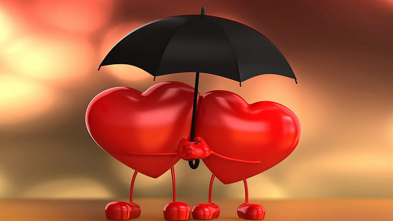 Red Two Hearts Under Umbrella Valentine, HD wallpaper