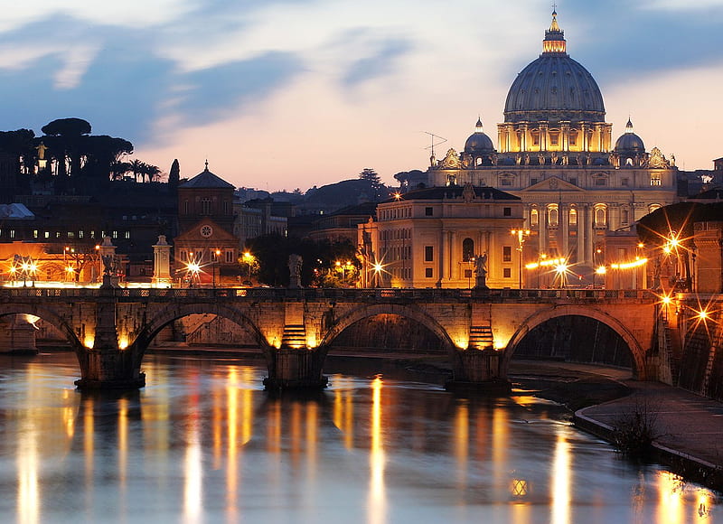 St.Peter sunset, graph, cathedral sunset, saint peter, wall lights, building, bridge river, HD wallpaper