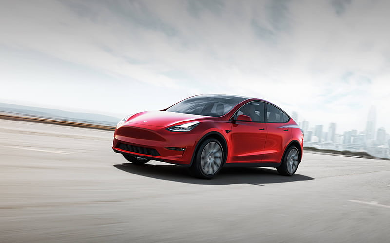 Tesla Model Y, 2021, exterior, front view, electric crossover, new red Model Y, electric cars, Tesla, HD wallpaper
