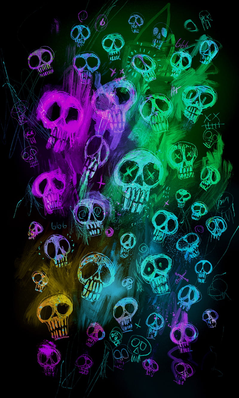 Dead Art III, 666, My, badass, bones, brush, colorful, cool, darkness, death, devil, drawing, evil, ghosts, green, occult, purple, skull, skulls, vibrant, HD phone wallpaper
