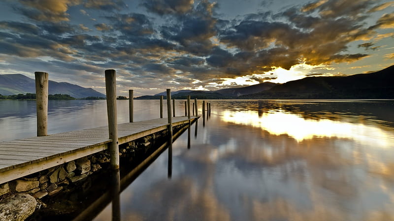 pier ramp in a lake, pier, reflections, ramp, clouds, pylons, lake, HD wallpaper