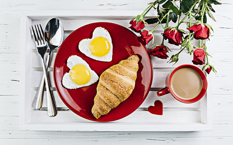 breakfast, scrambled eggs, croissants, coffee, roses, romantic breakfast, breakfast in bed, HD wallpaper