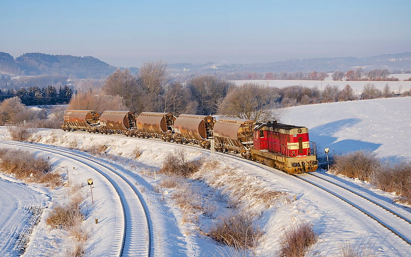 Train in Winter, train, Czechia, snow, fields, railways, winter, HD wallpaper