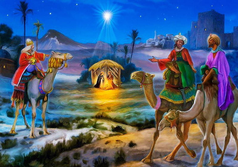 The Wise Men, stable, crib, star, bethlehem, painting, camels, HD wallpaper