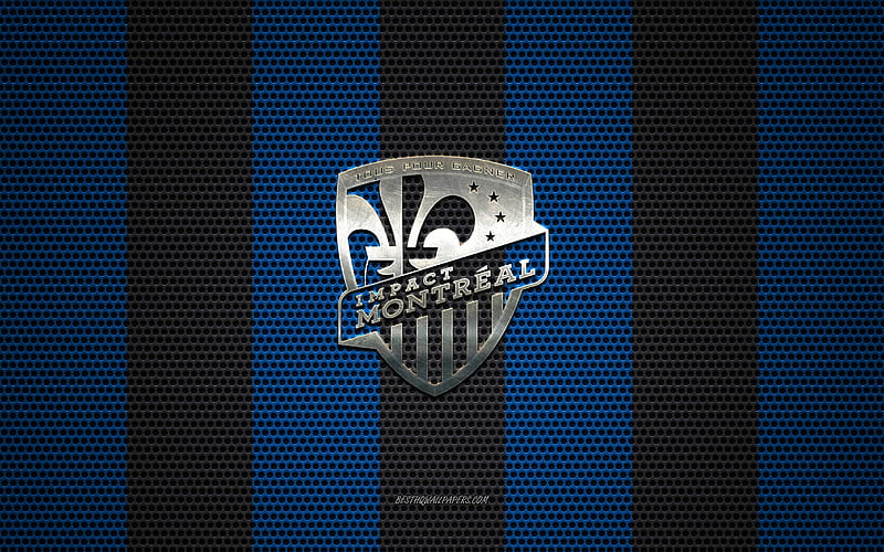 Montreal Impact FC logo, Canadian soccer club, metal emblem, blue-black metal mesh background, Montreal Impact FC, NHL, Montreal, Quebec, Canada, USA, soccer, HD wallpaper