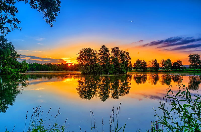 Fiery lake sunset, fiery, bonito, sunset, trees, sky, lake, tranquil ...