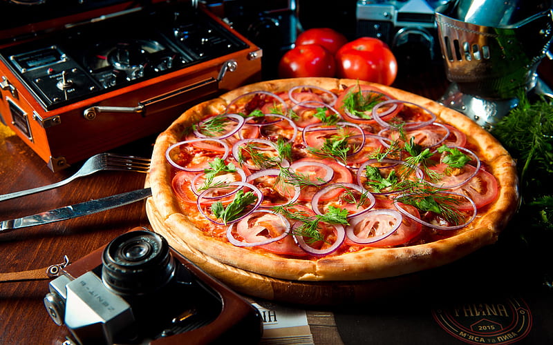 Food, Pizza, Onion, Tomato, HD wallpaper