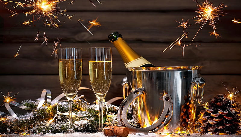 New year champagne, holiday, wine, glasses, new year, champagne, happy, deciration, horseshoe, sparkle, luck, HD wallpaper