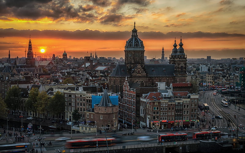 Amsterdam, old town, sunset, evening, cityscape, landmark, Netherlands, HD wallpaper