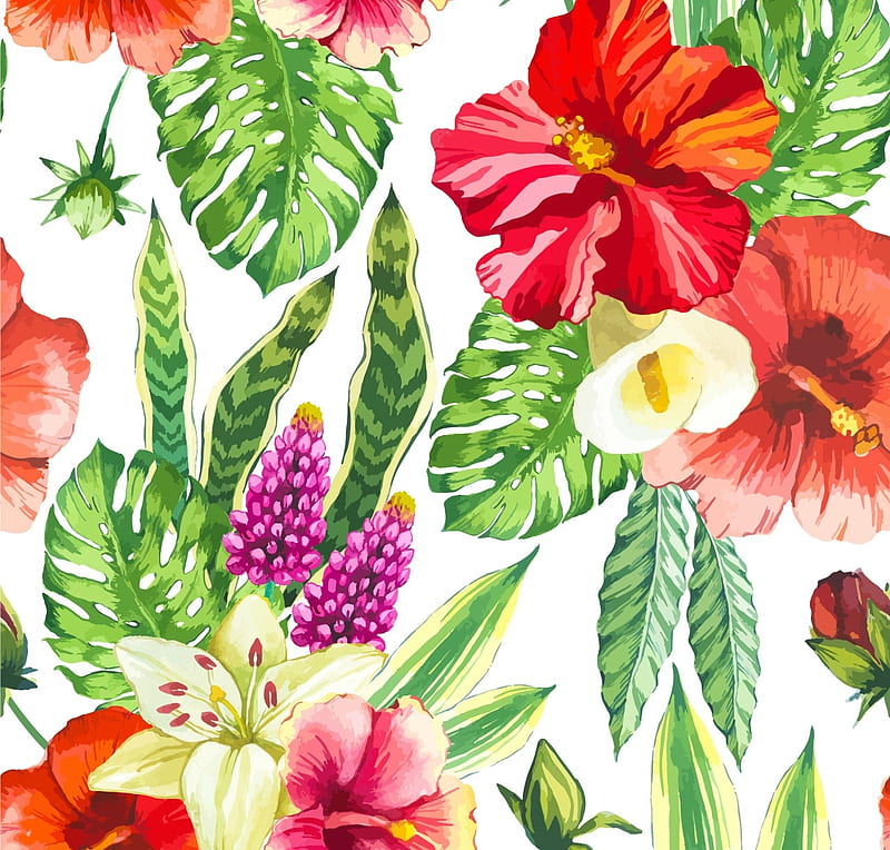 Flowers, pattern, red, art, exotic, green, texture, painting, flower, paper, white, pictura, pink, watercolor, HD wallpaper