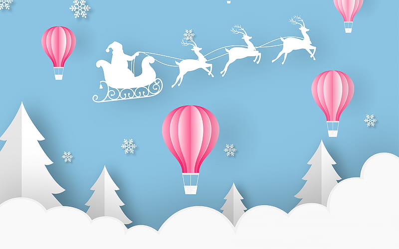 Ho, ho, ho..., pink, card, blue, craciun, christmas, iarna, winter, santa, hot air balloon, texture, paper, reindeer, HD wallpaper