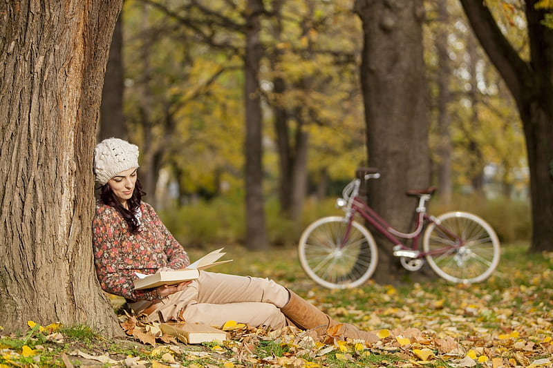 ლ, Forest, Woman, Book, Bicycle, Reading, HD wallpaper