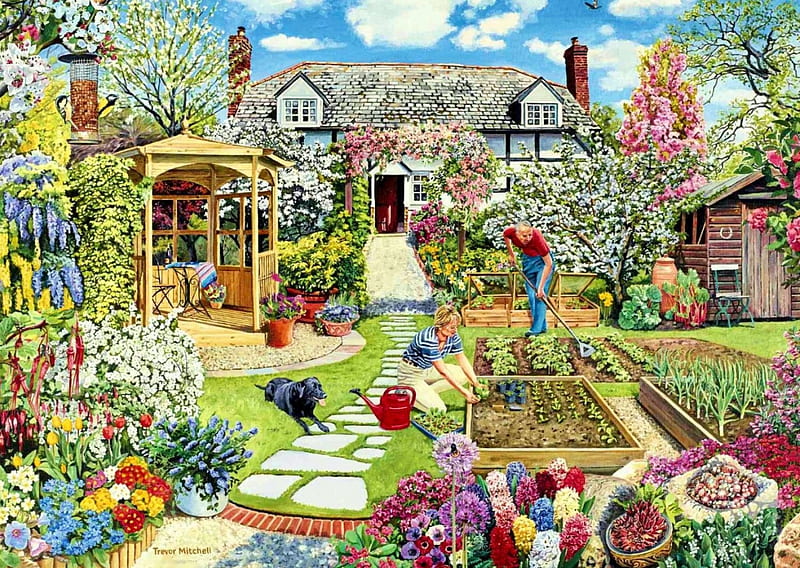 Springtime Gardening, house, shed, artwork, people, painting, blossoms, flowers, gazebo, dog, HD wallpaper
