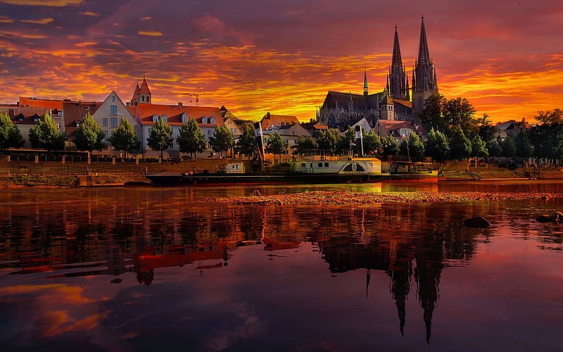 Sunset in Regensburg,Germany, Germany, Nature, River, Sunset, HD wallpaper