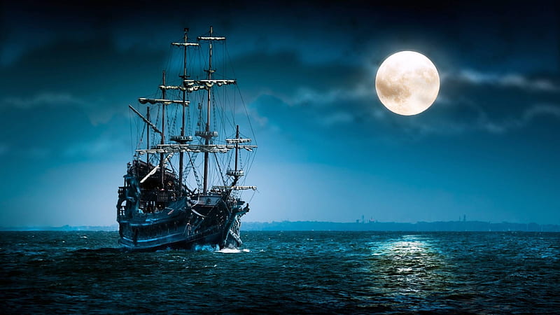 navigating under the Moonlight, moon, water, ship, sky, old, sea, HD wallpaper