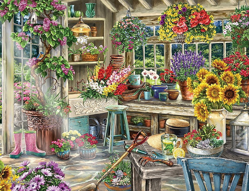 Gardener's Paradise, table, pots, painting, flowers, shed, chair, tools, artwork, HD wallpaper