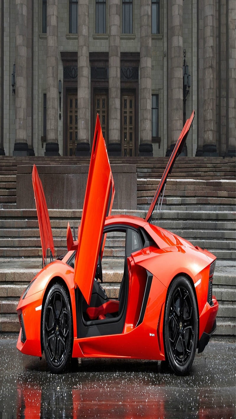 Red Lamborghini, auto, awesome, car, comfort, cool, doors, luxury, open, HD phone wallpaper