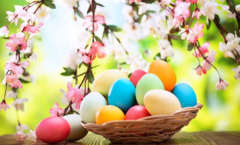 Easter Eggs, Easter, basket, eggs, flowers, blossoms, Spring, HD wallpaper  | Peakpx