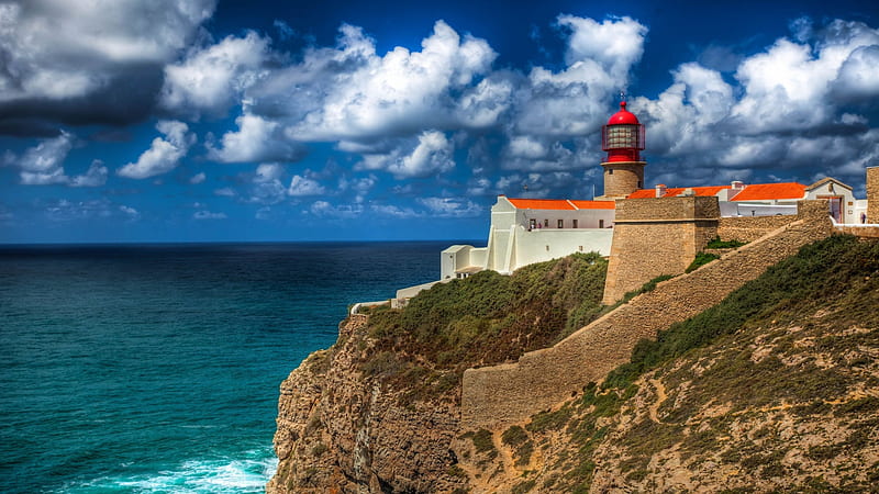 Cabo de Sao Vicente, Faro, Portugal, lighthouse, coast, house, clouds, sky, atlantic, cliff, ocean, HD wallpaper